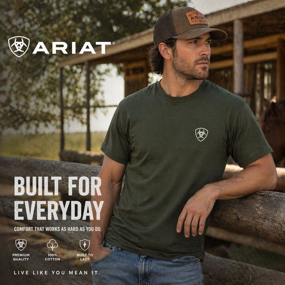 NWT Ariat Men's Forest Green Longhorn Cotton T-Shirt Short Sleeve 2XL Logo Tee